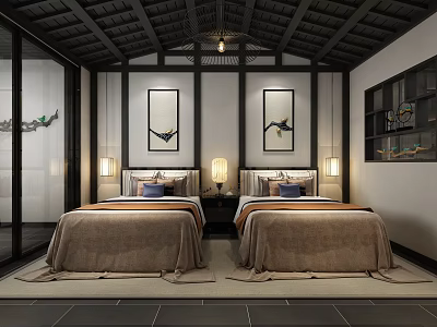 Chinese Style Hotel Guest Room With Two Beds Decorative Paintings And Wooden Ceiling 3d model