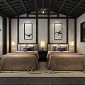 Chinese Style Hotel Guest Room With Two Beds Decorative Paintings And Wooden Ceiling
