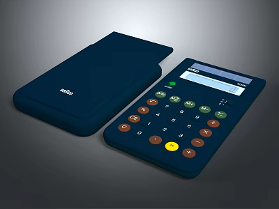Dark Blue Office Calculator With Colorful Buttons Display Screen And Protective Case 3d model