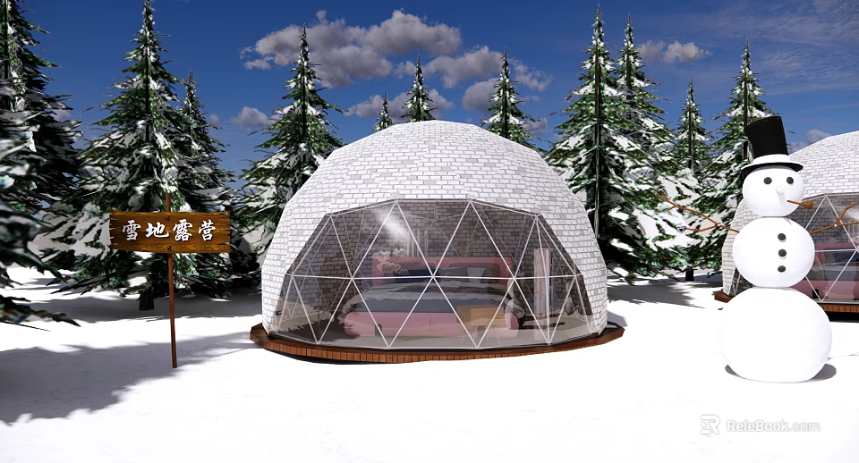 Snowy Camping Site With Dome Tent Surrounded By Pine Trees In Winter 3d model 