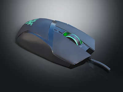 Black Wired Gaming Mouse With Green Glowing Accents And Ergonomic Design 3d model