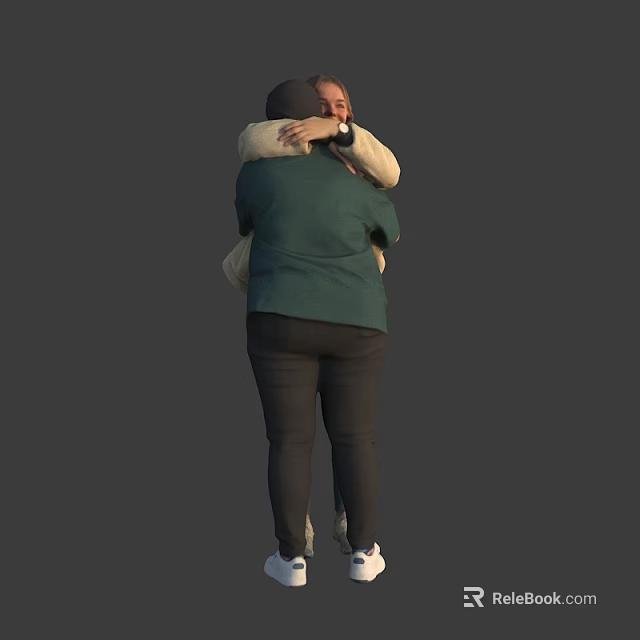 Two People Hugging From Back View With Green Jacket And Light Top Black Pants 3d model 