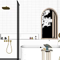 Modern Bathroom Interior With Tiled Walls Wooden Mirror Vanity Sink And Decorative Shelf