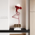 Red Wireframe Abstract Human Form Sculpture with Marble Wooden Base for Interior Decor 3d model