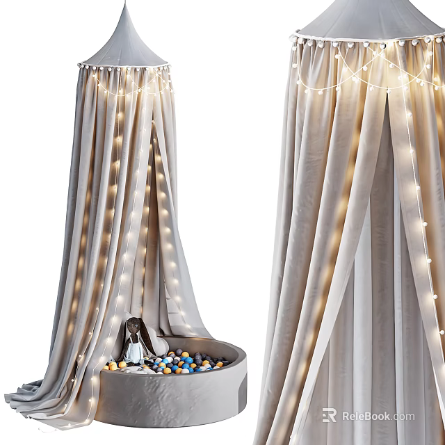 Cozy Light Gray Bed Canopy With String Lights And Colorful Balls On Round Small Bed 3d model 