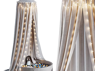 Cozy Light Gray Bed Canopy With String Lights And Colorful Balls On Round Small Bed 3d model