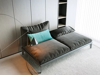 Modern Dark Gray Double Sofa With Light Teal Cushion And Floor Lamp 3d model