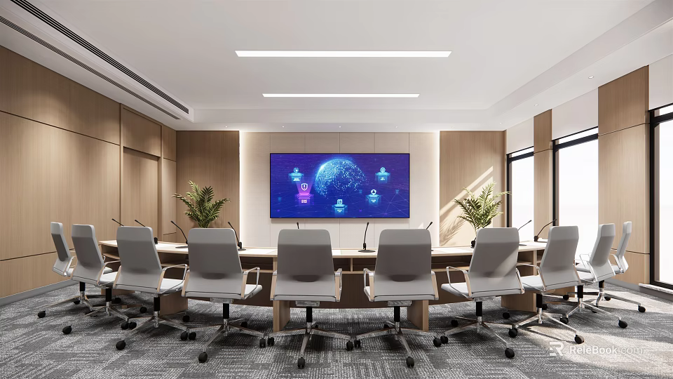 Modern Conference Room Interior With Long Table Grey Office Chairs Large Screen And Plants 3d model 