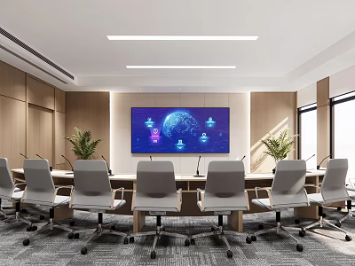 Modern Conference Room Interior With Long Table Grey Office Chairs Large Screen And Plants 3d model