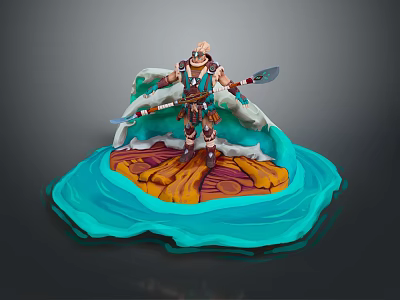 Mythical Warrior Figure With Double Blades Standing On Rocky Base Surrounded By Turquoise Waves 3d model