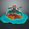 Mythical Warrior Figure With Double Blades Standing On Rocky Base Surrounded By Turquoise Waves