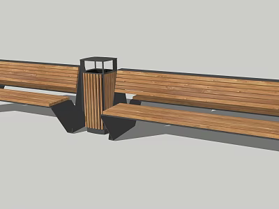 Wooden Outdoor Bench with Metal Frame and Trash Can for Public Park Area 3d model