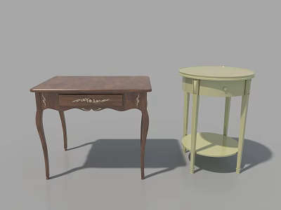 Dark Brown And Light Green Console Tables With Carved Details And Round Shelf Design 3d model