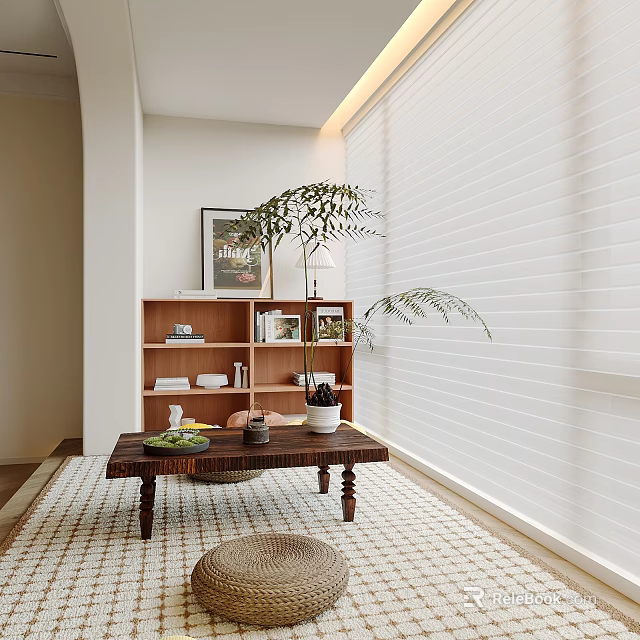 Cozy Home Balcony with Wooden Bookshelf Table Plant Fruits Teacups and White Blinds 3d model 