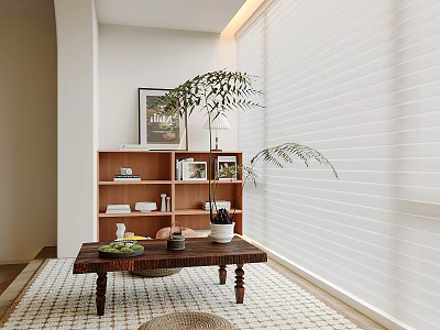 Cozy Home Balcony with Wooden Bookshelf Table Plant Fruits Teacups and White Blinds 3d model
