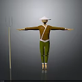 Man In Brown Shirt Green Pants White Conical Hat Arms Outstretched Next To Hay Fork
