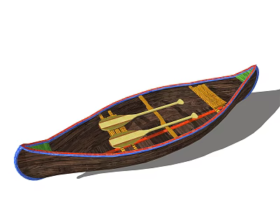 Traditional Wooden Canoe With Interior Wooden Structure And Colorful Edge Design 3d model