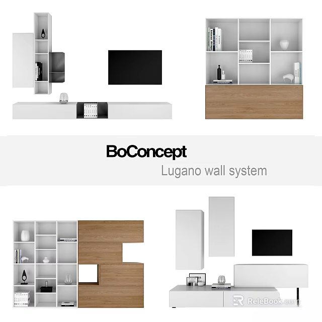 Modern TV Wall Design With Lugano Wall System Wooden Shelves And White Cabinets 3d model 