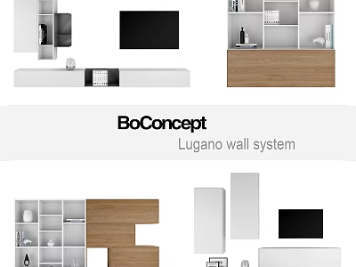 Modern TV Wall Design With Lugano Wall System Wooden Shelves And White Cabinets 3d model