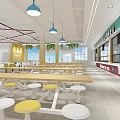 Modern Cafeteria Interior With Long Tables Stools Pendant Lights Windows And Wall Decorations 3d model