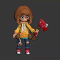 Cartoon Style Character With Orange Hair Yellow Hoodie Red Axe And Red Shoes