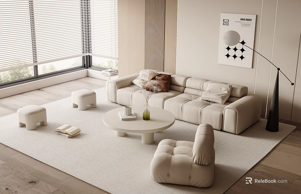 Modern Beige Sofa and White Coffee Table Set in Living Room with Ottoman Floor Lamp 3d model 