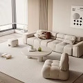 Modern Beige Sofa and White Coffee Table Set in Living Room with Ottoman Floor Lamp