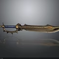 Fantasy Weapon Sword with Golden Blade Blue Hilt Ornate Decorative Patterns and Metallic Accents