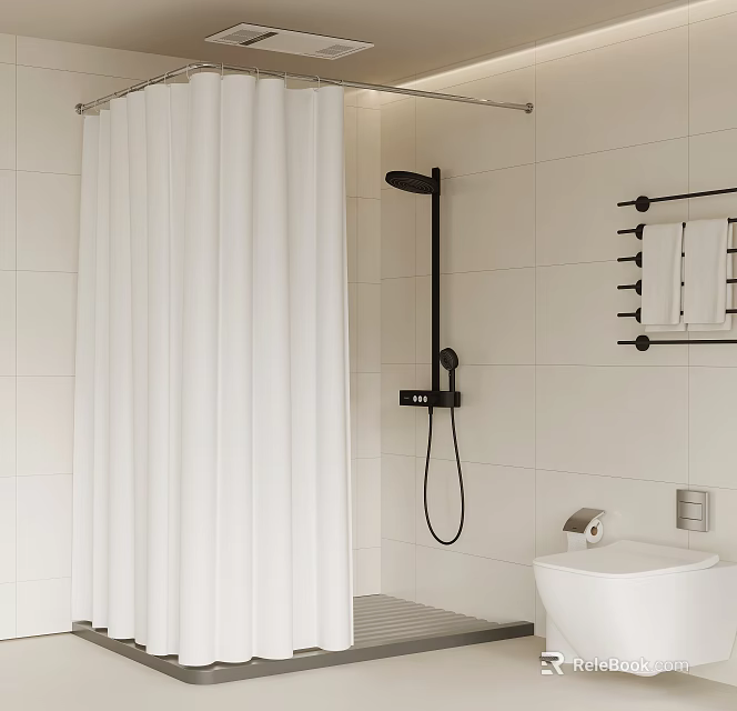 Modern Bathroom Interior With White Tiled Walls Black Showerhead And Shower Curtain 3d model 
