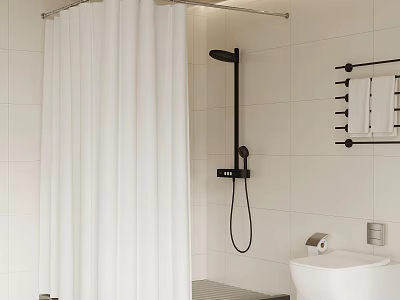 Modern Bathroom Interior With White Tiled Walls Black Showerhead And Shower Curtain 3d model
