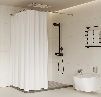 Modern Bathroom Interior With White Tiled Walls Black Showerhead And Shower Curtain 3d model