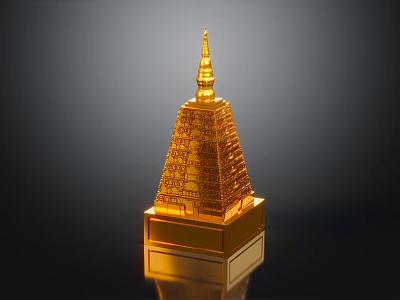 Detailed Shiny Golden Tower Model With Spire Carvings On Black Background And Reflection 3d model