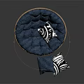 Blue Round Rattan Frame Chair With Tufted Cushion And Striped Pillows