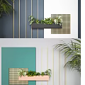 Modern Wall Decor with Teal Panel Golden Lines and Pink Planter with Green Plants