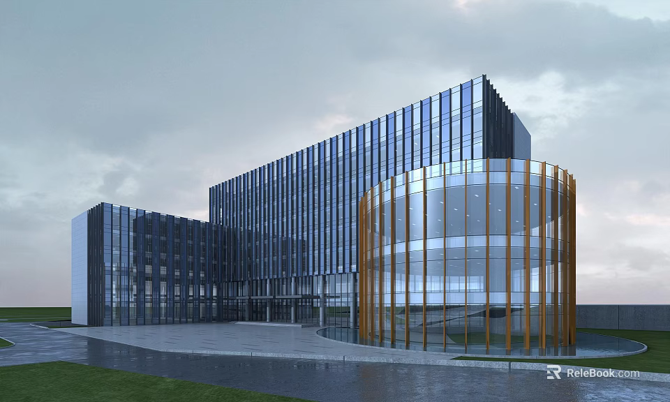 Modern Office Building Exterior With Glass Curtain Walls And Curved Structure Design 3d model 