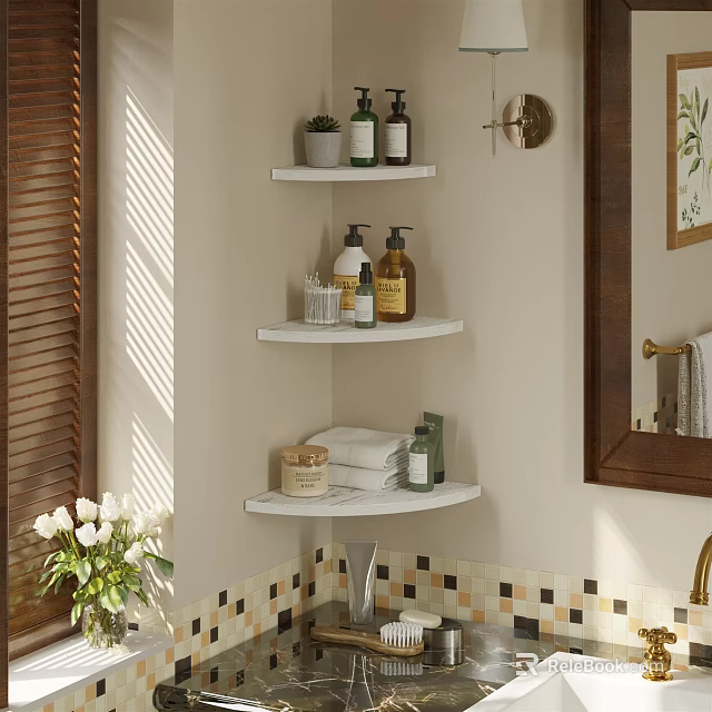 Triple Tiered White Corner Wall Cabinets In Bathroom With Towels Toiletries And Decorative Jars 3d model 