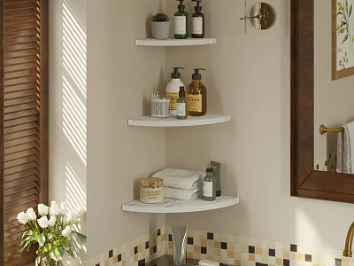 Triple Tiered White Corner Wall Cabinets In Bathroom With Towels Toiletries And Decorative Jars 3d model