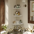 Triple Tiered White Corner Wall Cabinets In Bathroom With Towels Toiletries And Decorative Jars