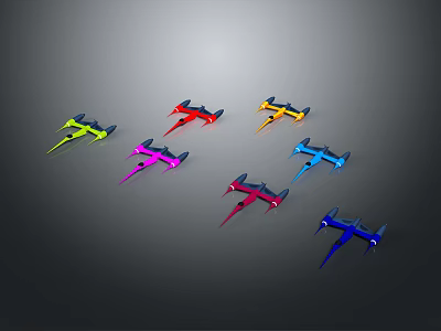 Colorful Model Airplanes In Various Colors Arranged On Gray Background 3d model