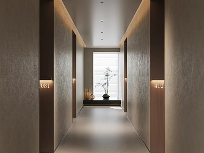 Modern Hotel Corridor With Room Numbers Soft Lighting And Potted Plant 3d model