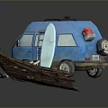 Blue Camper Van With Roof Rack Ladder Surfboard Mat And Tent