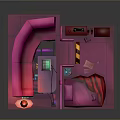 Cartoon Scene Of Pink Lit Room With Sofa Laptop Table Console Steps And Rug