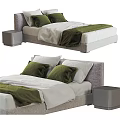 Modern Double Bed With Gray Headboard Green Pillows White Sheets And Nightstand 3d model