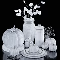 Decorative Ornament Set With Pumpkin Shaped Candle Holders Glass Jars Wooden Vase And Yellow Leaves