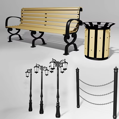 European Style Street Lamp Outdoor Chair Seat Street Element Bench 3d model