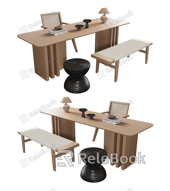 Quiet Style Desk and Chair Combination Rectangular Desk Single Chair Bench Round Stool model