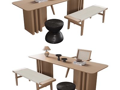 Quiet Style Desk and Chair Combination Rectangular Desk Single Chair Bench Round Stool model