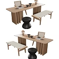 Quiet Style Desk and Chair Combination Rectangular Desk Single Chair Bench Round Stool 3d model