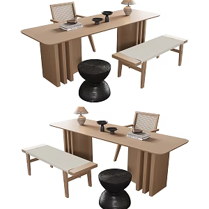 Quiet Style Desk and Chair Combination Rectangular Desk Single Chair Bench Round Stool 3d model