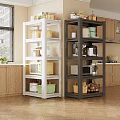 White and Gray Kitchen Shelving Units With Containers Microwave Coffee Maker Dishes and Storage Boxes
